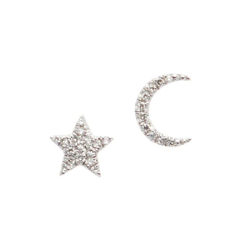 Goshenite earrings-Tiny Star and Moon White Gold Stud Earrings