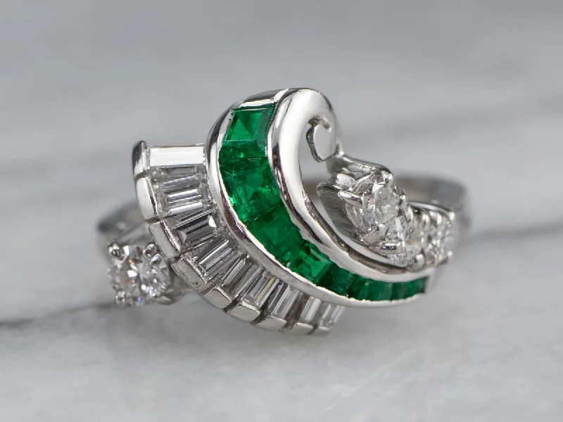 Firm clasp rings-Platinum Emerald and Diamond Cocktail Ring