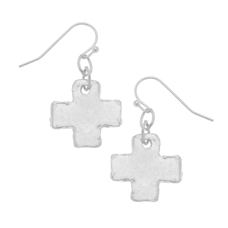 Solid hoop earrings-Silver Hammered Cross Dangle Earrings