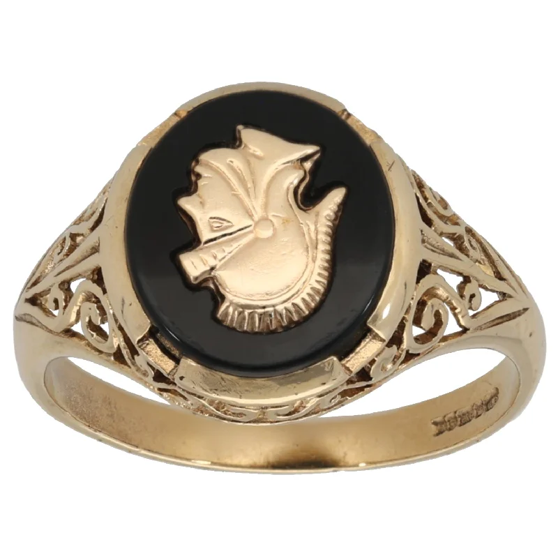 Goshenite cut rings-9ct Gold Onyx Signet Ring Size W