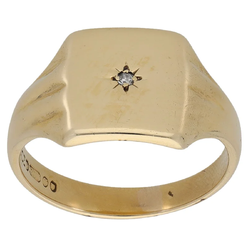 Oak grain rings-9ct Gold 0.01ct Diamond Patterned Signet Ring Size T