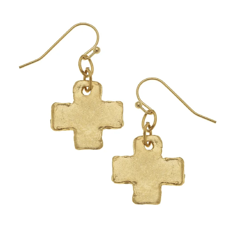 Old medallion earrings-Small Hammered Cross Dangle Earrings