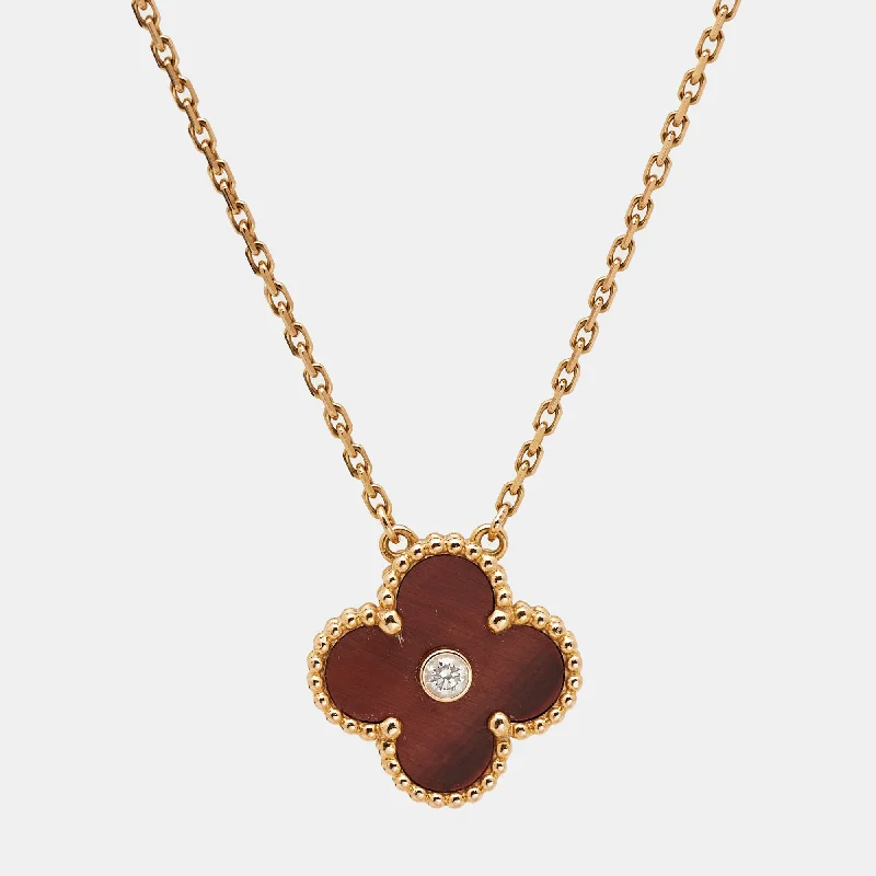 Curved gem necklaces-Van Cleef & Arpels Vintage Alhambra Limited Edition 2017 Bulls Eye Brown Stone And Diamond 18K Rose Gold Holiday Pendant Necklace