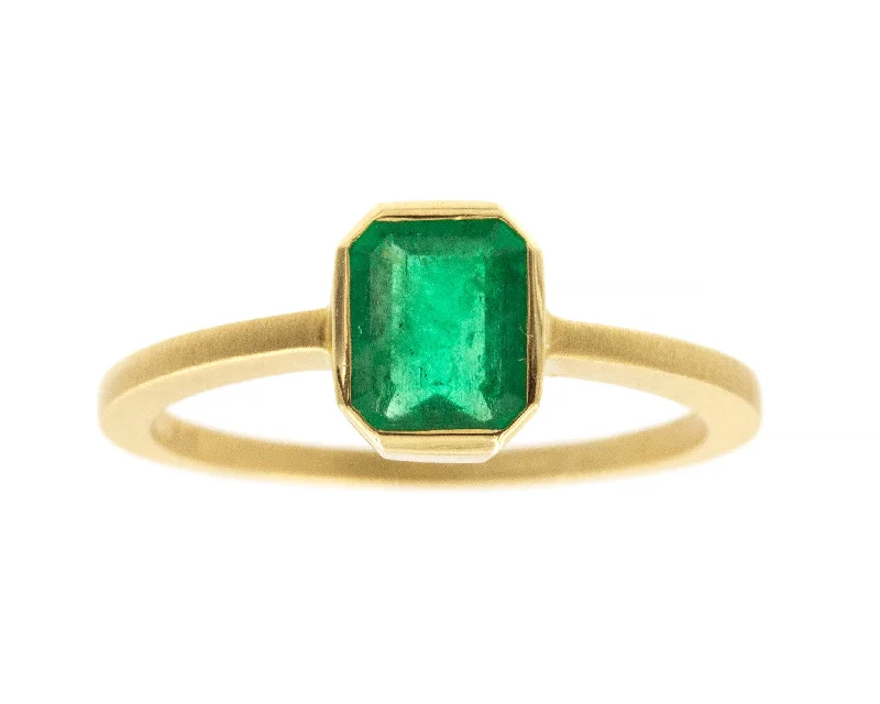 Slim stack rings-0.70ct Emerald-cut Emerald & Yellow Gold Bezel Ring