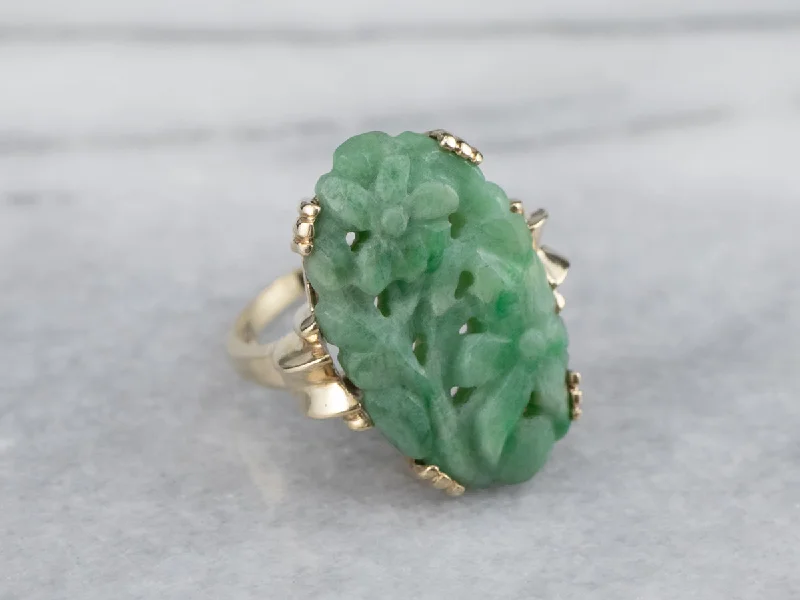 Soft band rings-Vintage Carved Floral Jade Cocktail Ring