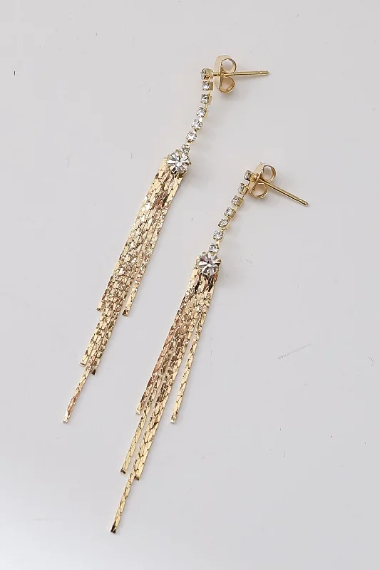 Light bead earrings-FINAL SALE - Haven Gold Rhinestone Fringe Earrings