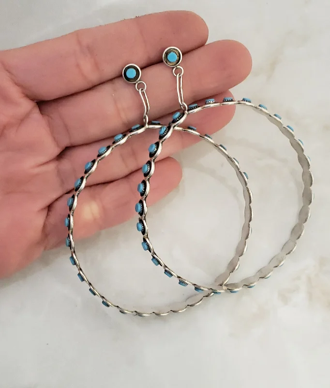 Fine threader earrings-Sterling Silver Zuni Turquoise Hoop Dangle Earrings