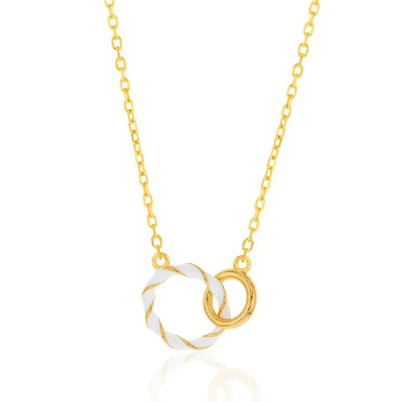 Linen thread rings-Sterling Silver Gold Plated White Enamel 2 Ring Pendant On 45.5cm Chain