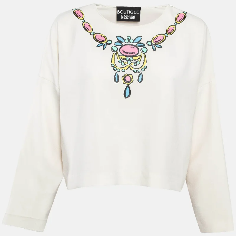 Solid link necklaces-Boutique Moschino White Necklace Print Crepe Top M