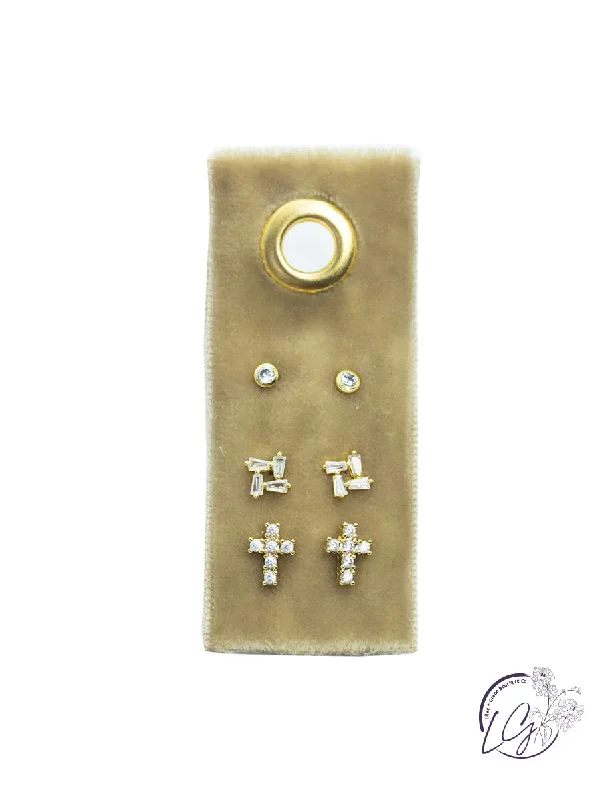 Weathered brass earrings-Cross Velvet Stud Gift Set