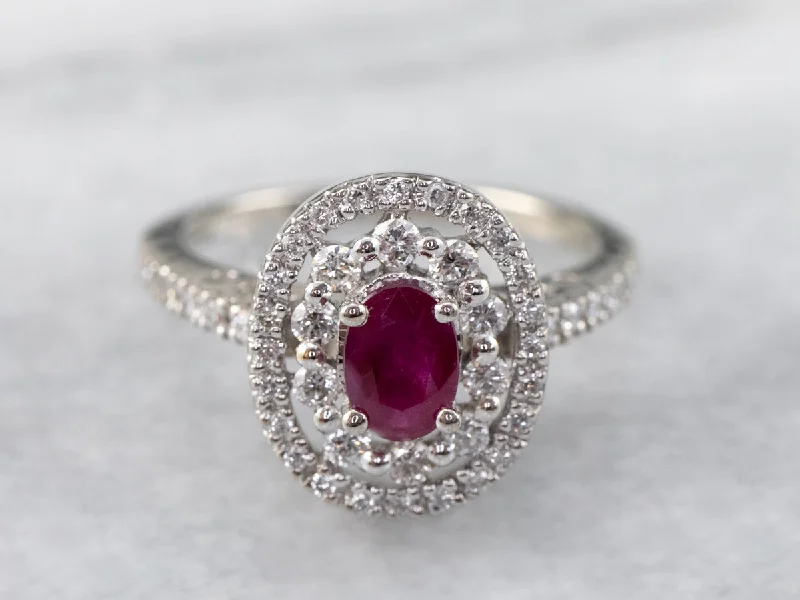 Hand-cast rings-Ruby Double Diamond Halo Ring