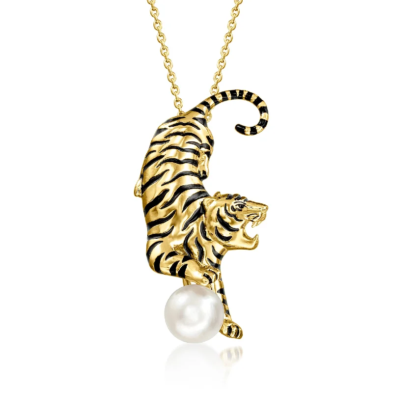 Leafy design necklaces-Ross-Simons 18kt Gold Over Sterling and Black Enamel Tiger Pin/Pendant Necklace With 8-8.5mm Cultured Pearl