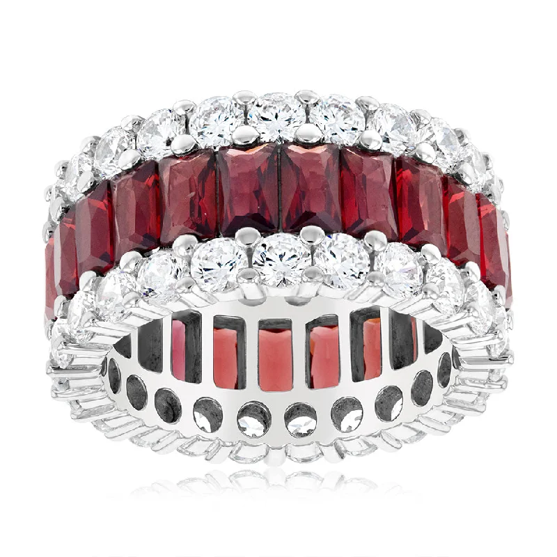 Garnet gem rings-Sterling Silver Rhodium Plated Red Stone And White Cubic Zirconia Ring