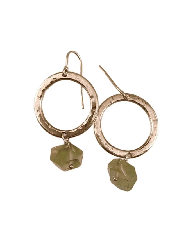 Rope loop earrings-Sterling Hammered Circle Prehnite Nugget Earrings