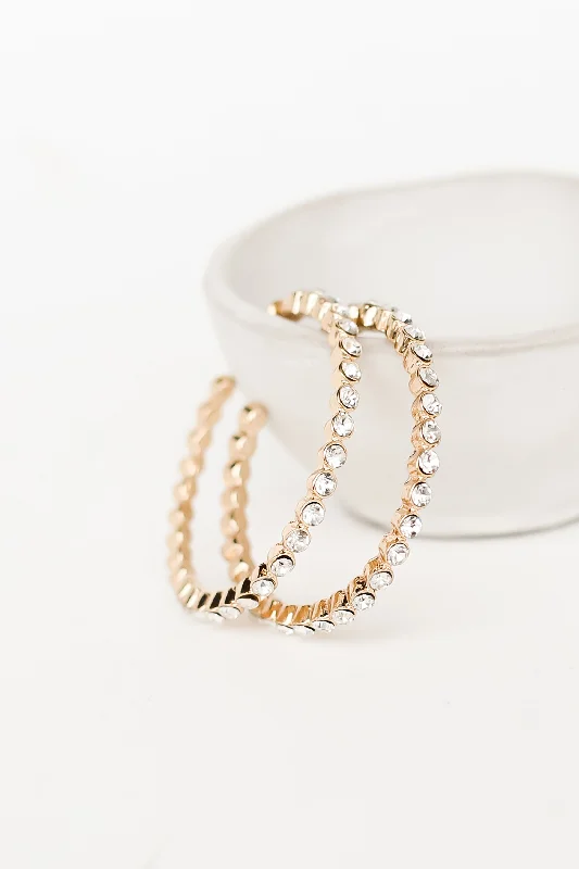 Coiled thread earrings-Kiara Gold Rhinestone Hoop Earrings