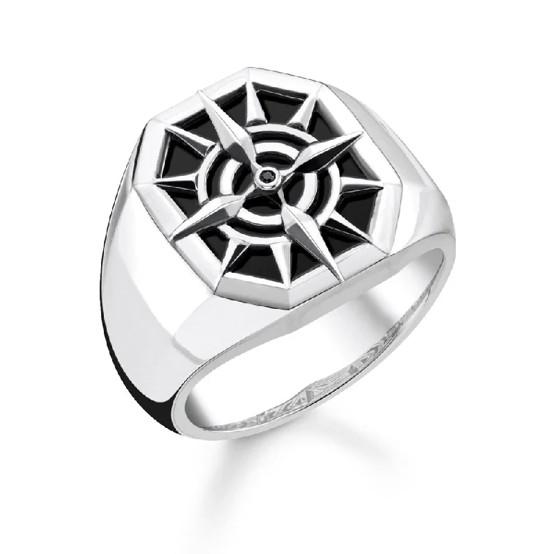 Fine form rings-Thomas Sabo Sterling Silver Black Onyx Compass Signet Ring