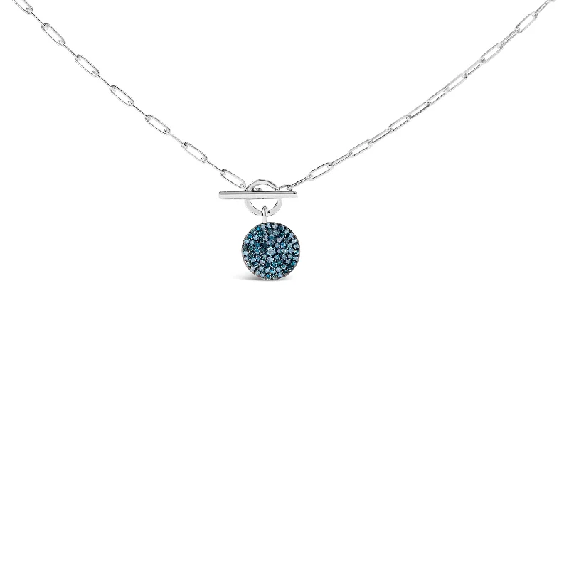 Lasso-style necklaces-.925 Sterling Silver 3/8 Cttw Blue Diamond Medallion with Toggle Bale Paperclip Chain Pendant Necklace