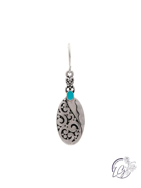 Cast art earrings-Silver Turquoise Etched Filigree Earrings