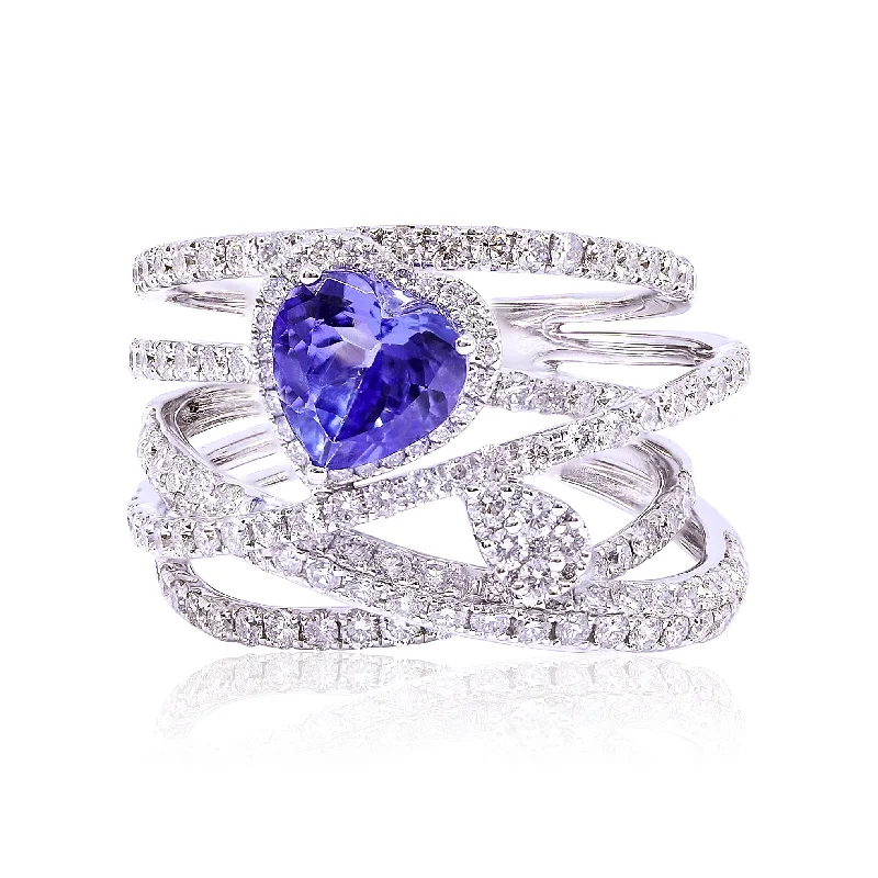 Java tile rings-18K WHITE GOLD HEART TANZANITE AND DIAMOND CONTEMPORARY COCKTAIL RING 1.72CTW