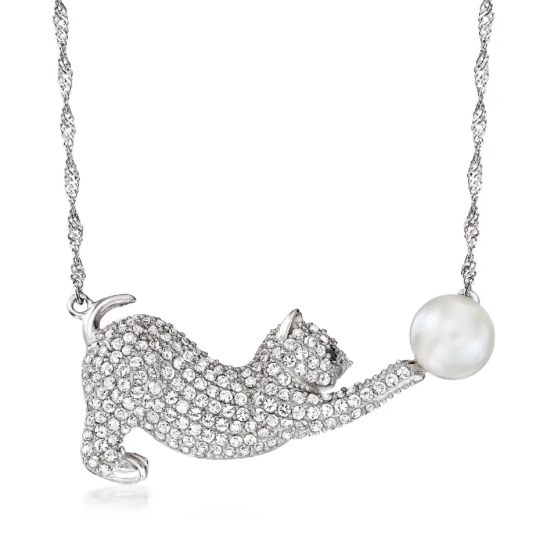 Bold gem necklaces-Ross-Simons 8mm Cultured Pearl and White Topaz Cat Necklace in Sterling Silver With Black Spinel Accent