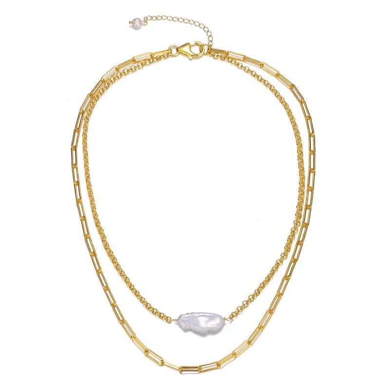 Java style necklaces-Sterling Silver 14k Gold Plated Genuine Freshwater Pearl Layered Necklace