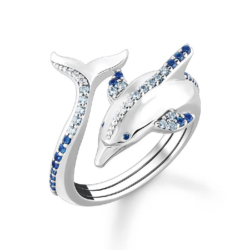 Orbit birthstone rings-Thomas Sabo Sterling Silver Ocean Open Dolphin Blue Cubic Zirconia Ring Size O1/2