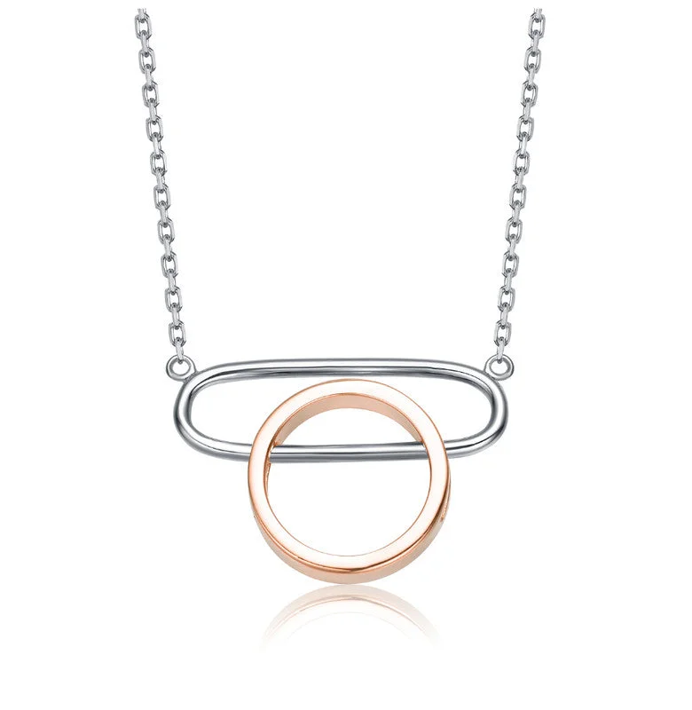 Strand weave necklaces-Sterling Silver 18k Rose Gold Plated Oval & Circle Pendant Necklace