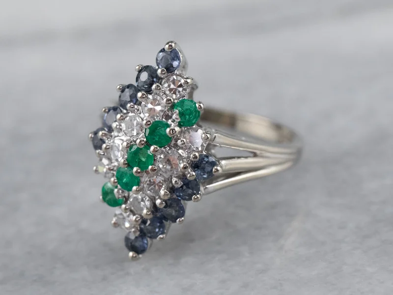 White quartz rings-Emerald Diamond and Sapphire Cluster Ring