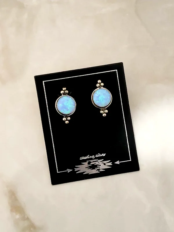 Goshenite earrings-Sterling Silver Blue Lab Opal Earring