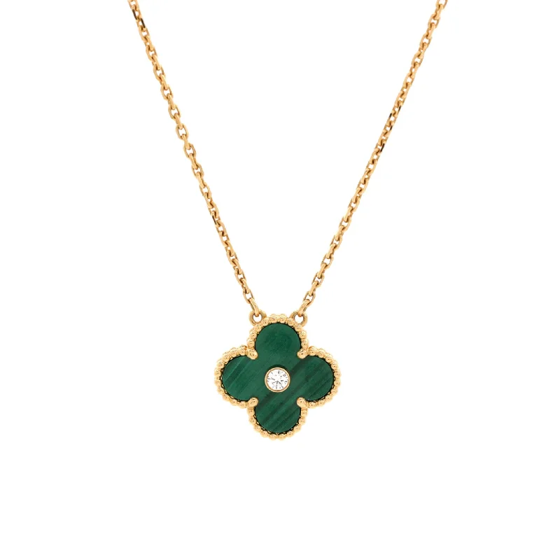 Sleek shine necklaces-Vintage Alhambra Pendant Necklace 18K Yellow Gold and Malachite with Diamond