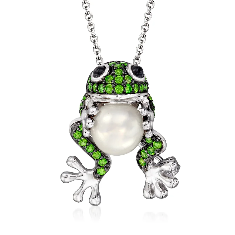 Cast name necklaces-Ross-Simons 9mm Cultured Pearl and . Chrome Diopside Frog Pin/Pendant Necklace With Onyx in Sterling Silver. 18 inches