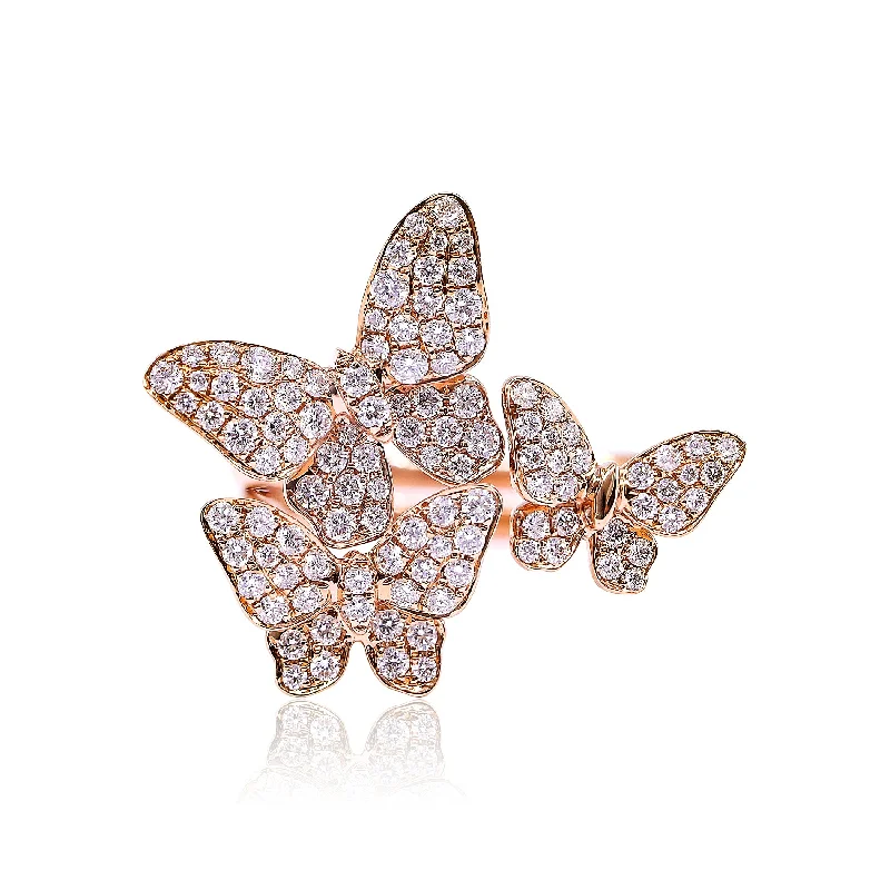 Baroque pearl rings-18K ROSE GOLD TRIPLE BUTTERFLY PAVE RING 1.01CTW