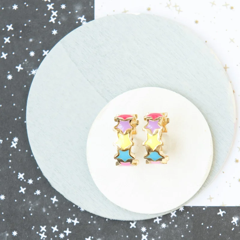 Small dot earrings-Star Enamel Rainbow Colors Huggy Hoop Earring