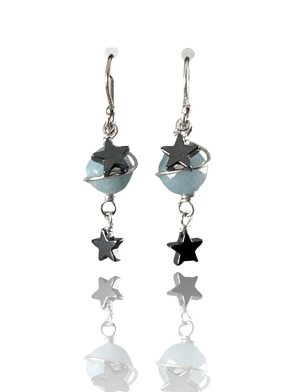 Orbit themed earrings-Spiral Hematite Star Saturn Earrings