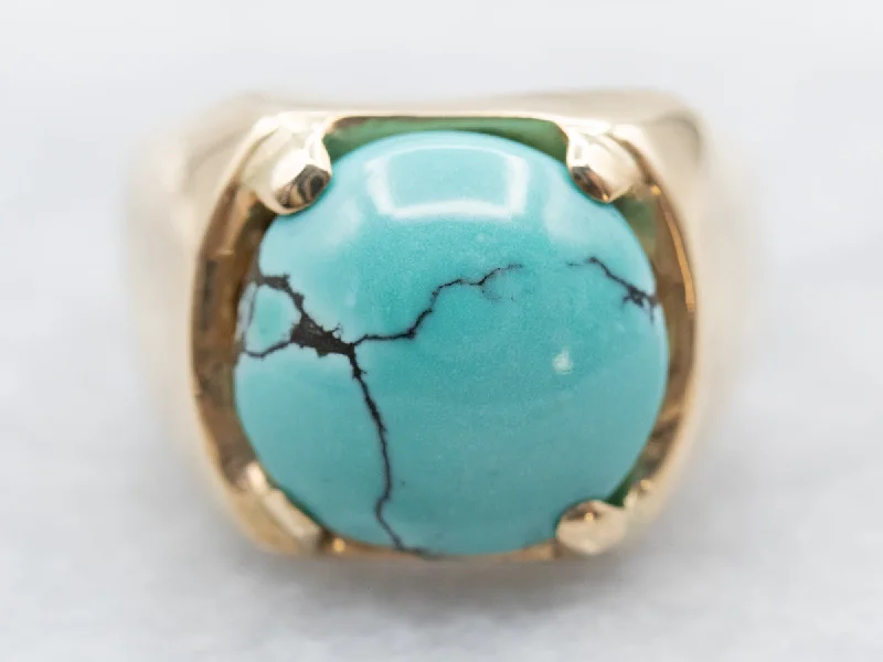 Stretch open rings-Unisex Vintage Gold Turquoise Solitaire Ring