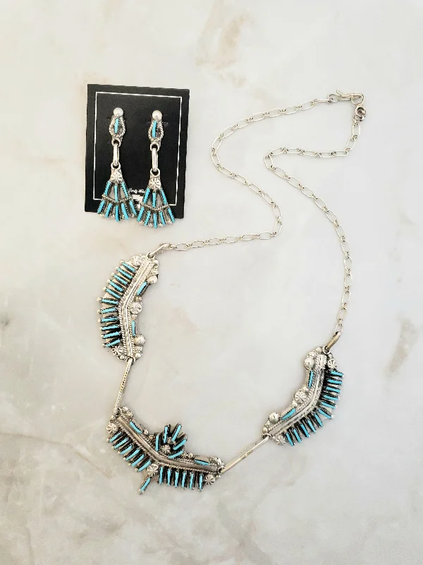 Soft stud earrings-Stamped Sterling Silver Zuni Turquoise Neckla e & Earring Set