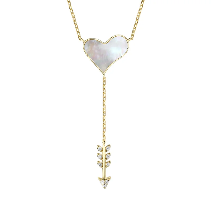 Woven link necklaces-14k Gold Plated Sterling Silver With Diamond Cubic Zirconia & Mother Of Pearl Cupid’s Arrow Heart Y-necklace