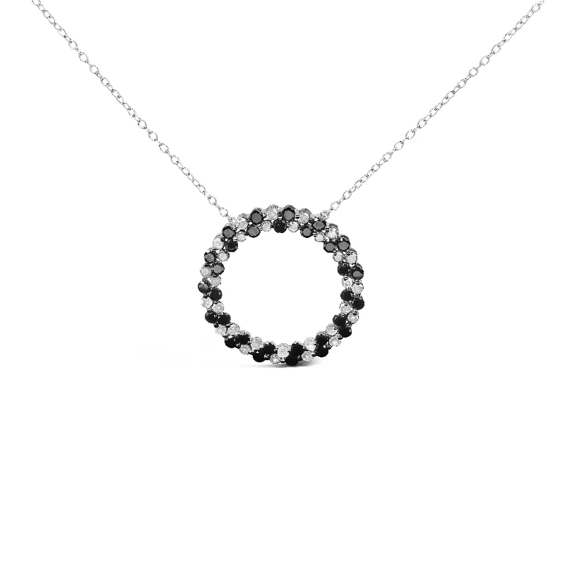 Goshenite necklaces-.925 Sterling Silver 1 3/5 Cttw Alternating Treated Black and White Diamond Double Row Open Circle Pendant Necklace