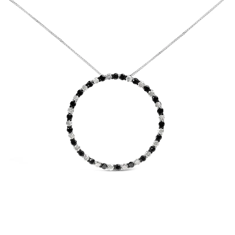 Fluorite stone necklaces-.925 Sterling Silver 3.0 Cttw Alternating Black and White Diamond Open Hoop Circle Pendant Necklace