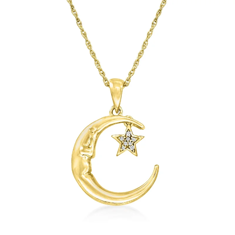 Curved gem necklaces-Ross-Simons Diamond-Accented "Love You To The Moon and Back" Star and Moon Pendant Necklace in 18kt Gold Over Sterling