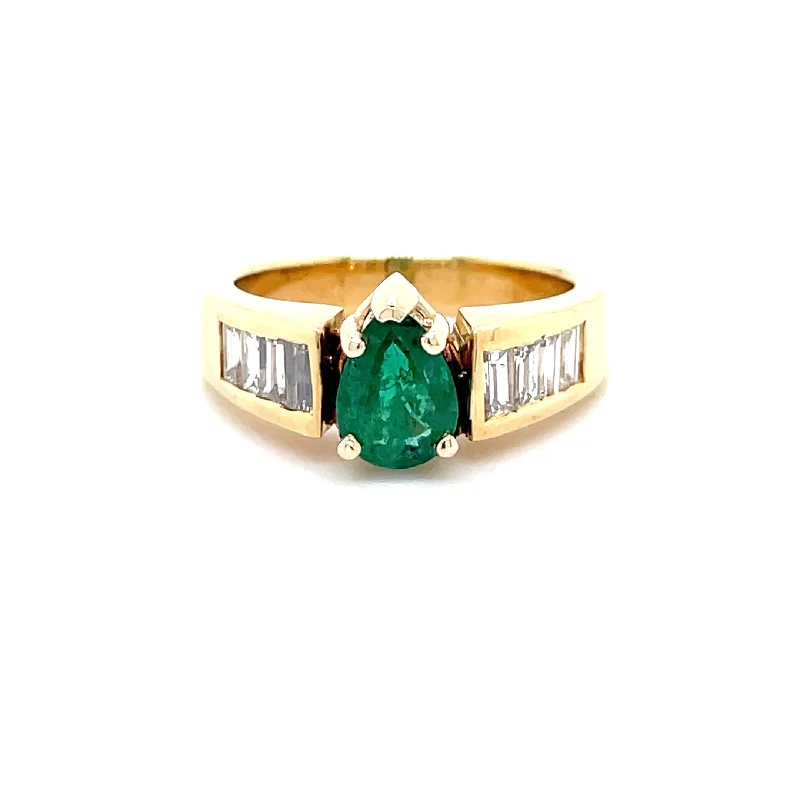 Whimsical rings-ESTATE 18KY Gold Pear Shaped Emerald Ring with Channel Set Baguette Diamonds