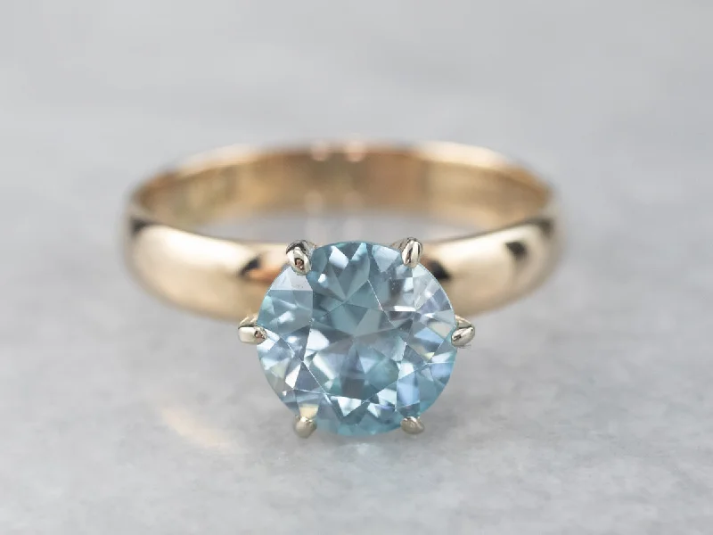 Trust charm rings-Blue Zircon Two Tone Gold Solitaire Ring