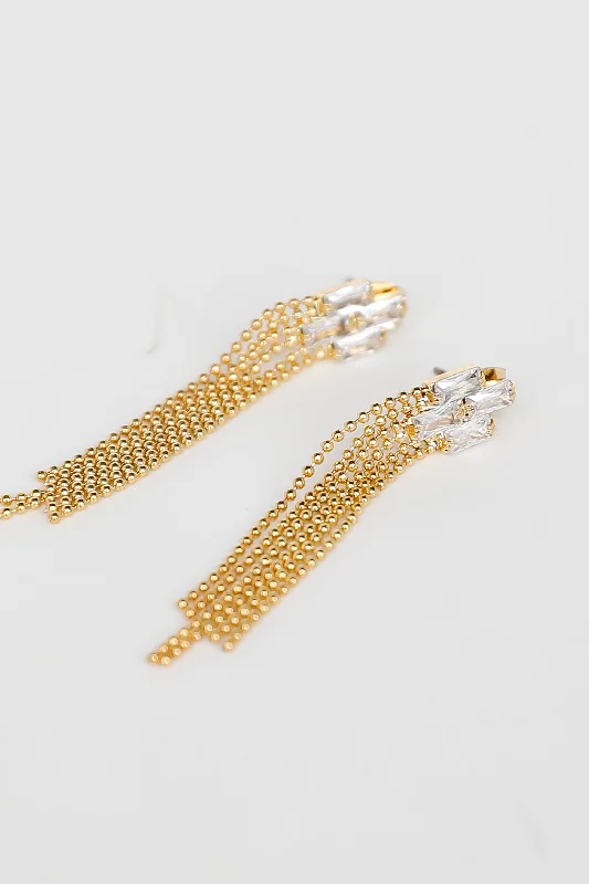 Bold tier earrings-FINAL SALE - Kira Gold Rhinestone Beaded Fringe Earrings