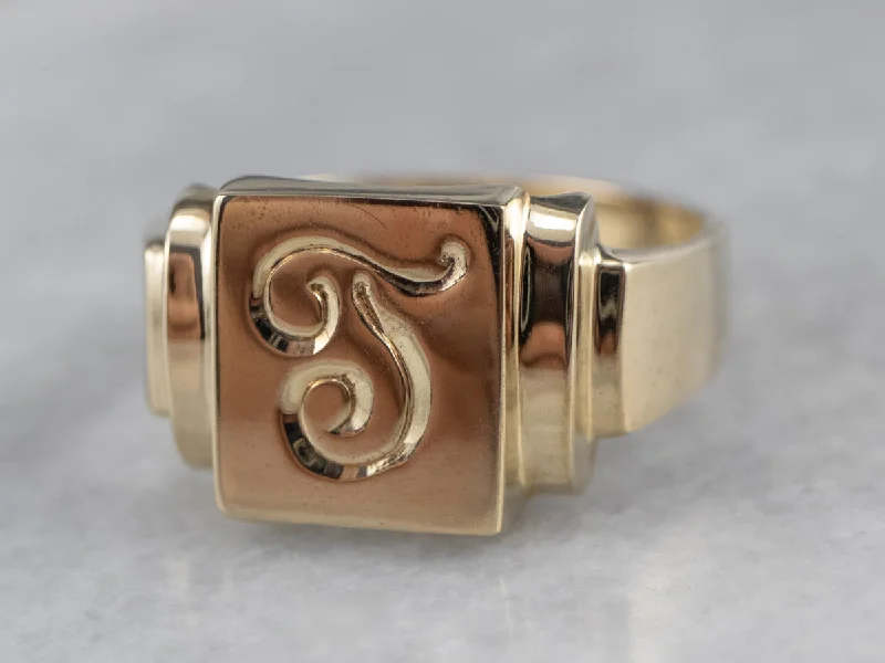 Goshenite cut rings-Monogram "T" Gold Signet Ring