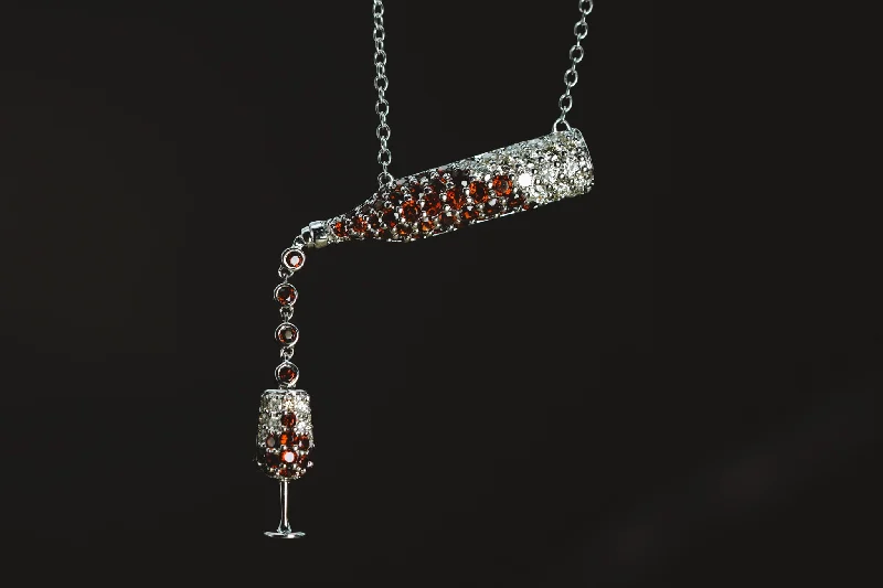 Custom letter necklaces-14k White Gold Mozambique Garnet and Diamond Wine Bottle and Glass Pendant