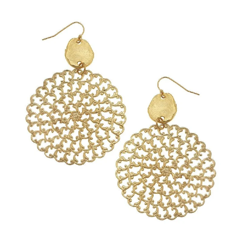 Fiber fringe earrings-Round Filigree Statement Earrings in Gold