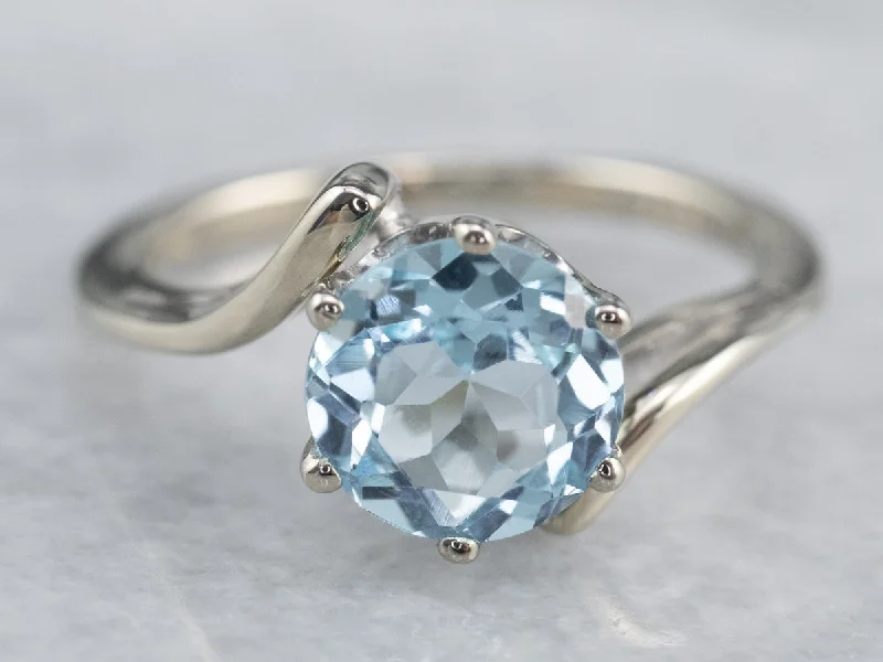 Cast name rings-Blue Topaz White Gold Bypass Style Solitaire Ring