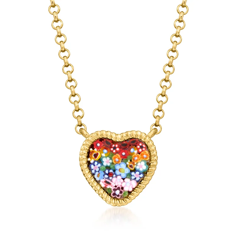 Java style necklaces-Ross-Simons Italian Multicolored Murano Glass Mosaic Floral Heart Necklace in 18kt Gold Over Sterling