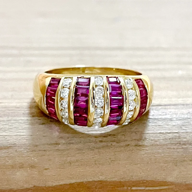 Citrine inlay rings-ESTATE 18K YELLOW GOLD DOMED FASHION RING WITH RUBIES AND DIAMONDS