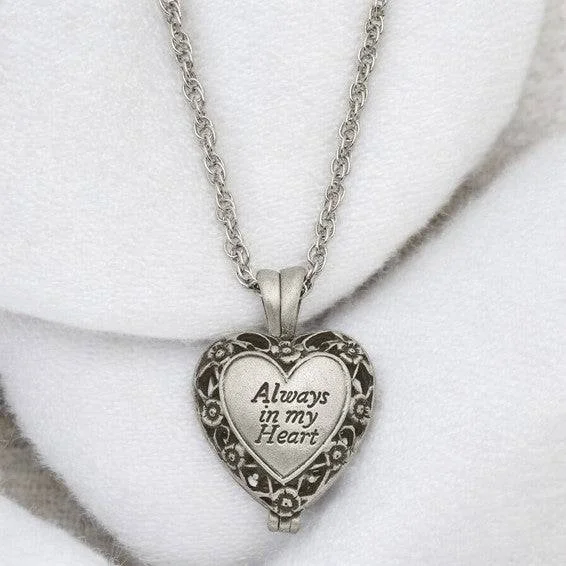 Pinch clasp necklaces-ALWAYS IN MY HEART" Silver-tone Antiqued Heart Locket Memorial with Brass Ash Holder - 24-inch Necklace with Message Card